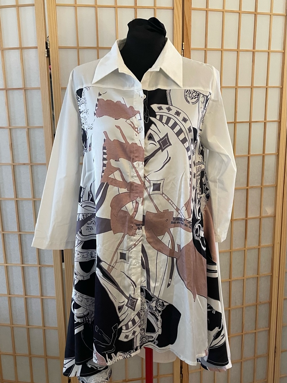 ⁠GRACIA Equestrian Horse Print Button Front Tunic Shirt Dress